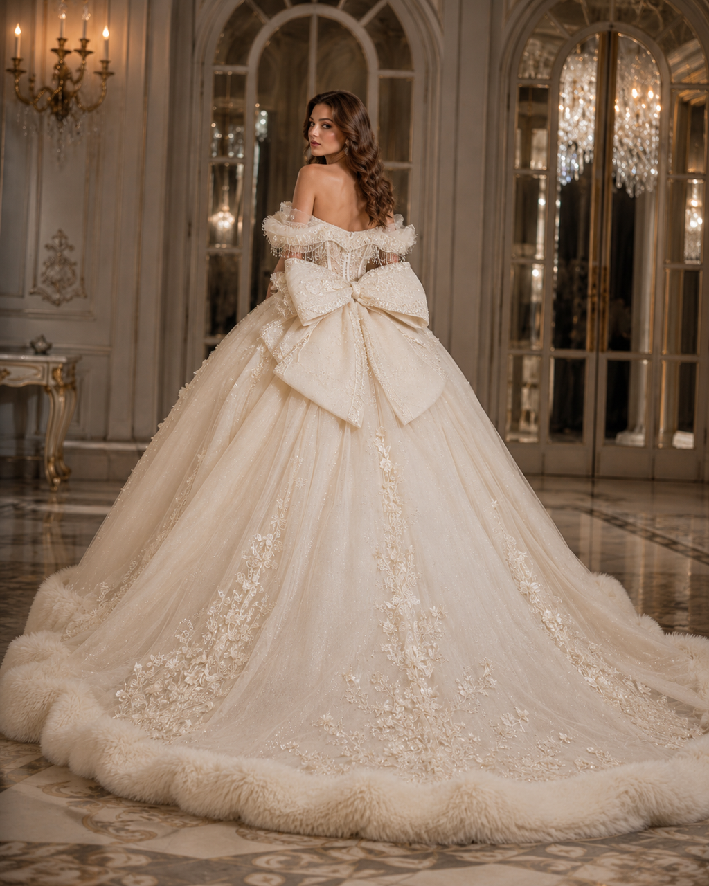 Ivory Champagne Quinceañera Ball Gown with Beaded Corset & Feather Hem