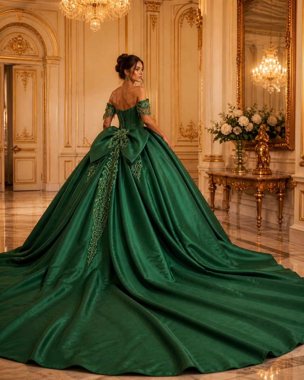 Emerald Green Luxury Quinceañera Ball Gown with Beaded Corset & Long Train