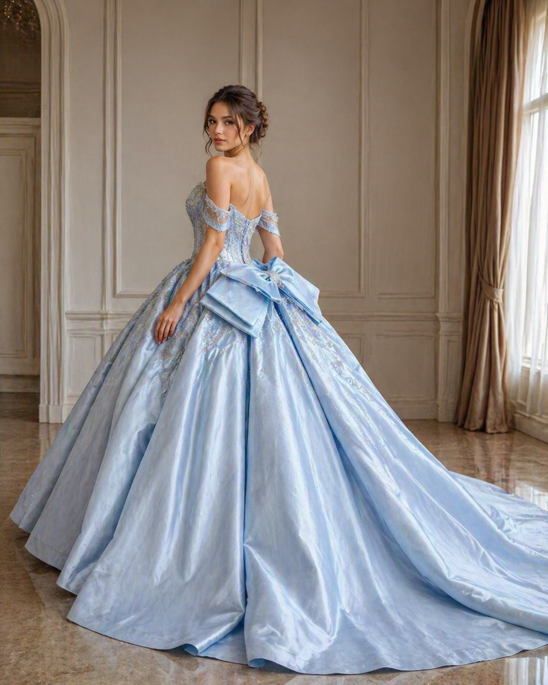 Light Blue Luxury Quinceañera Ball Gown with Beaded Corset & Long Train