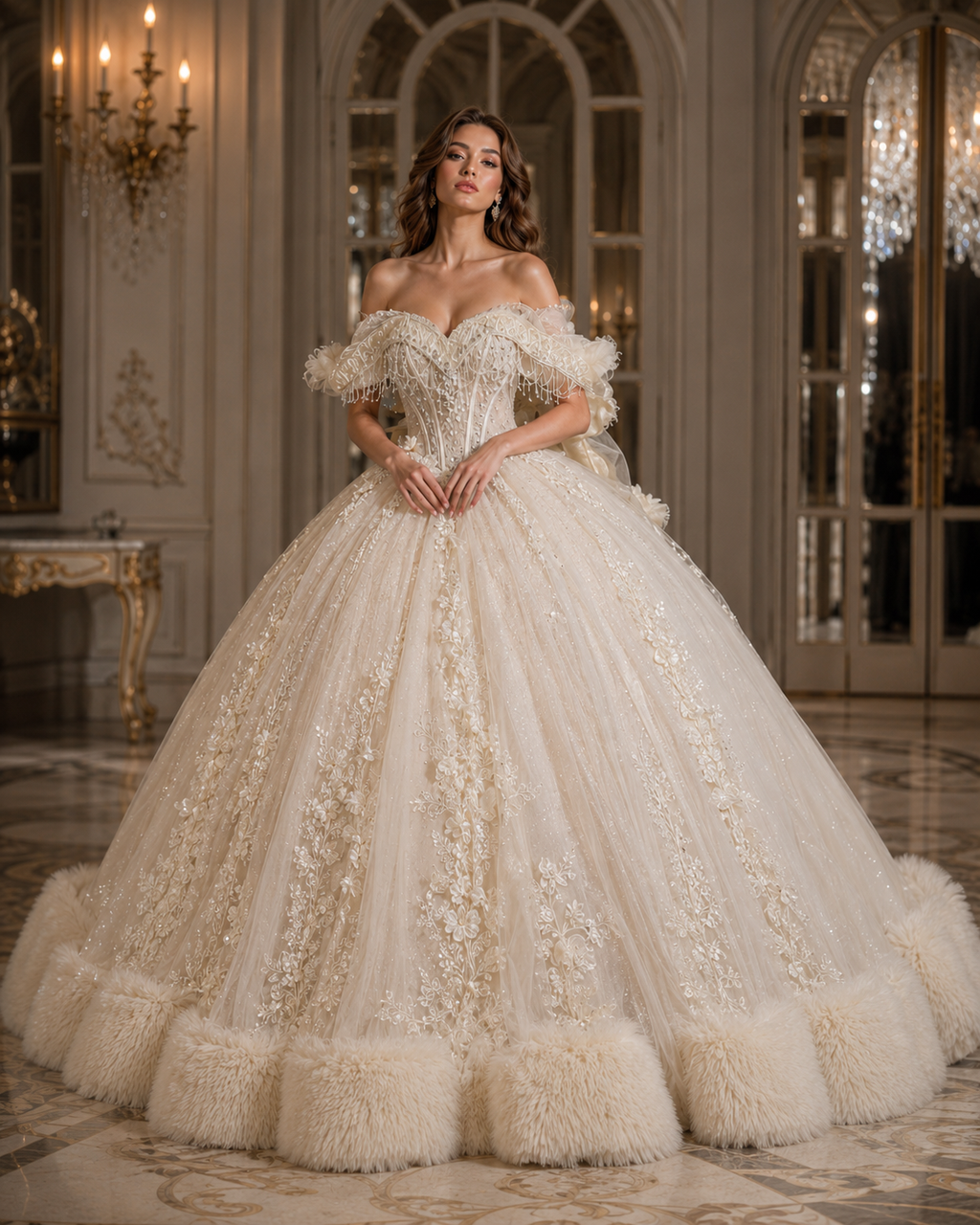 Ivory Champagne Quinceañera Ball Gown with Beaded Corset & Feather Hem