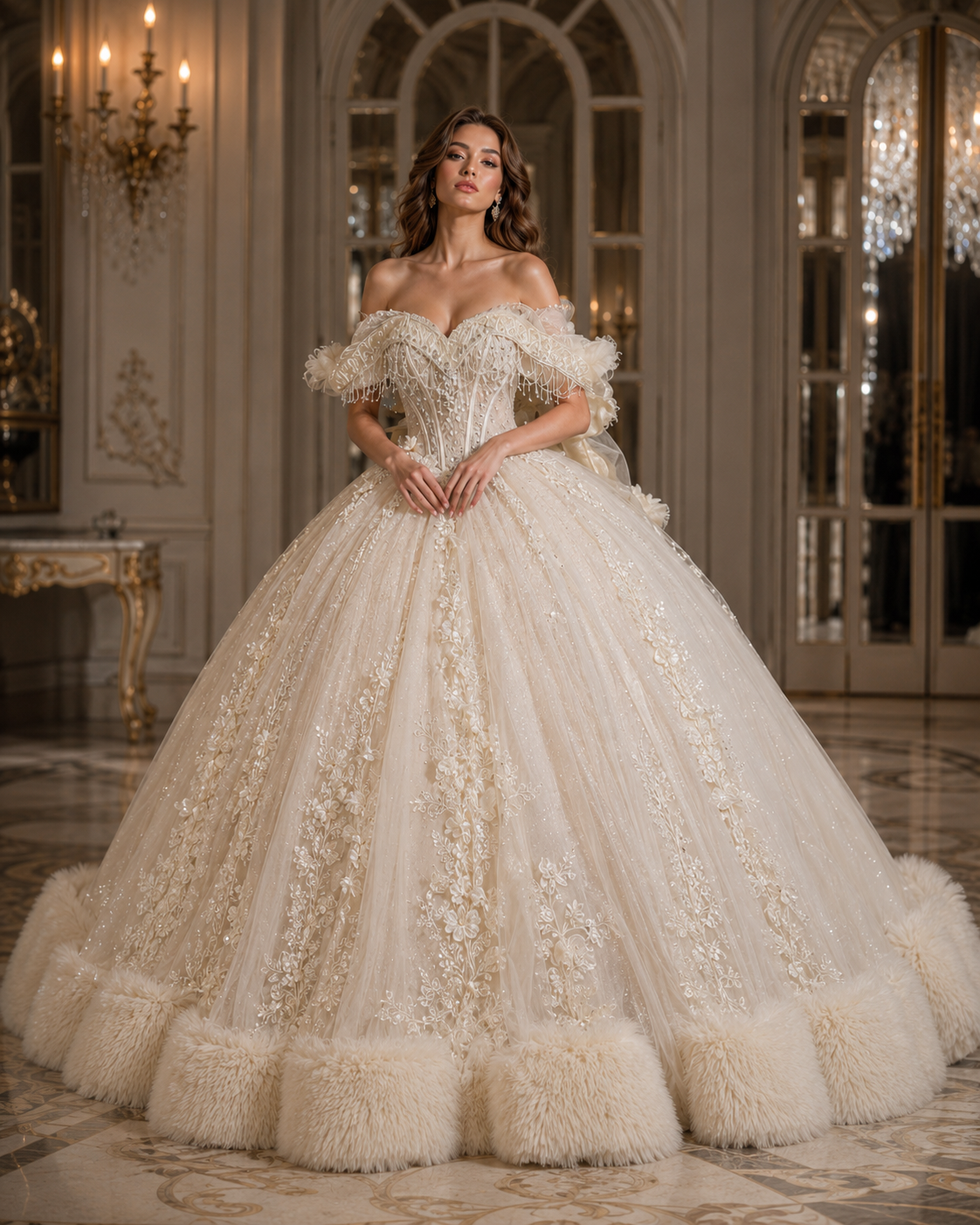 Ivory Champagne Quinceañera Ball Gown with Beaded Corset & Feather Hem