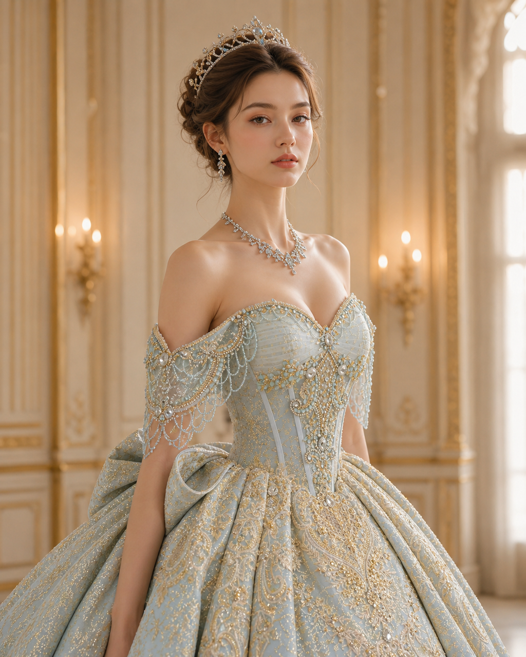 Dusty Blue Luxury Quinceañera Ball Gown with Gold Embroidery & Dramatic Bow Train