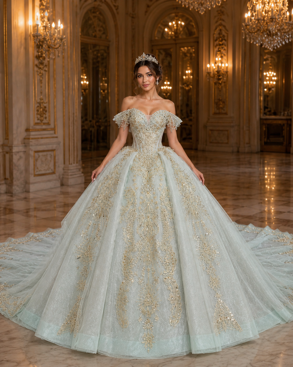 Pale Mint Luxury Quinceañera Ball Gown with Gold Embroidery & Dramatic Train