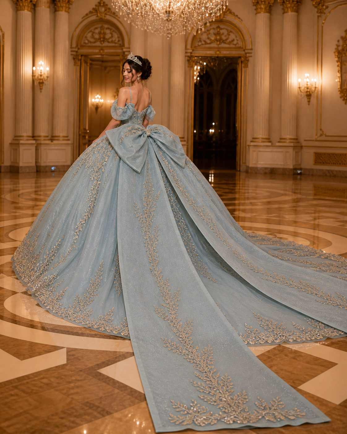 Dusty Blue Luxury Quinceañera Ball Gown with Gold Embroidery & Dramatic Bow Train