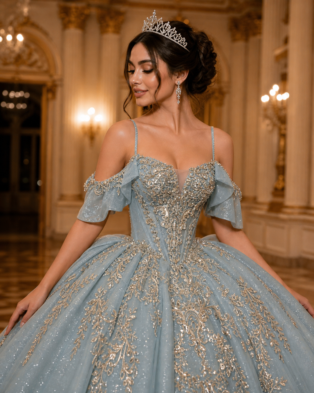 Dusty Blue Luxury Quinceañera Ball Gown with Gold Embroidery & Dramatic Bow Train
