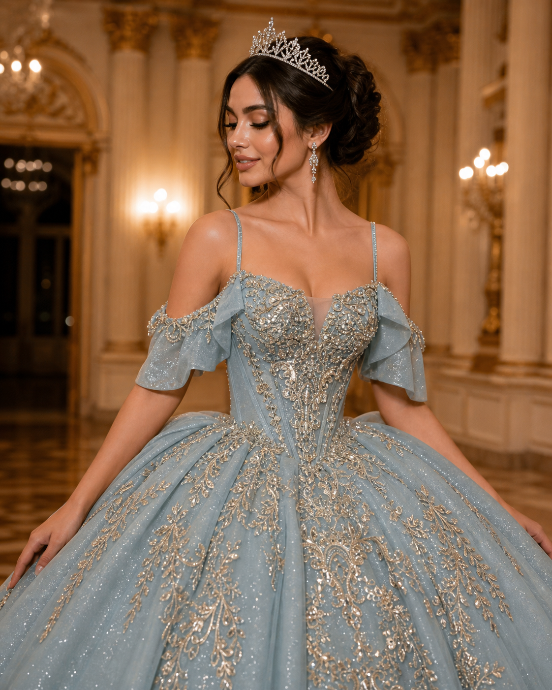 Dusty Blue Luxury Quinceañera Ball Gown with Gold Embroidery & Dramatic Bow Train