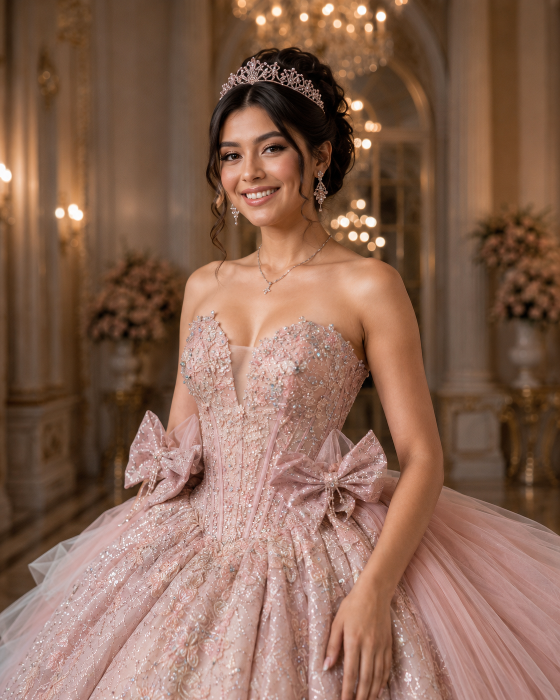 Blush Pink Luxury Quinceañera Ball Gown with Floral Beading & Ombre Ruffle Train