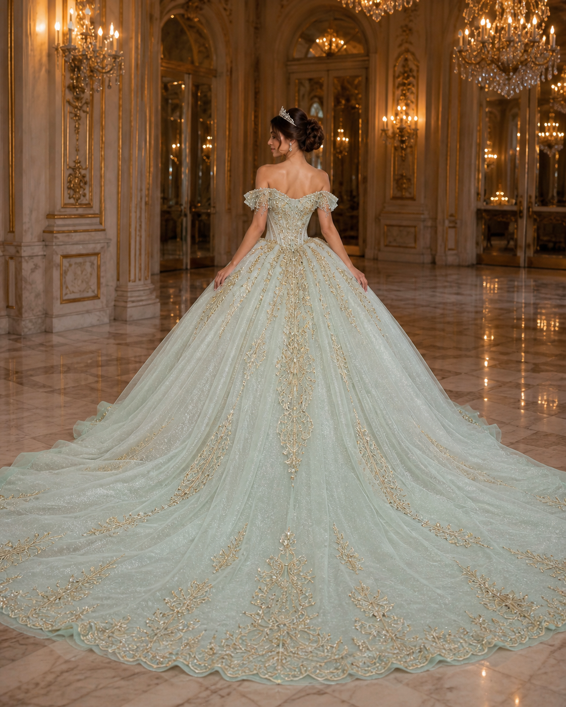 Pale Mint Luxury Quinceañera Ball Gown with Gold Embroidery & Dramatic Train