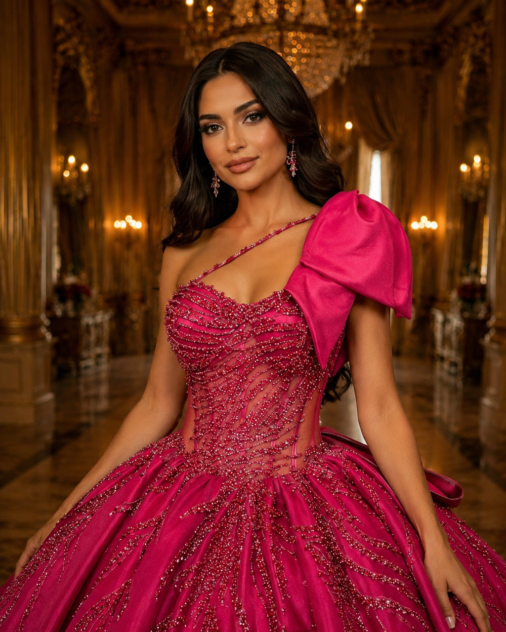 Fuchsia Quinceañera Ball Gown with Beaded Corset, One-Shoulder Bow & Ruffle Train