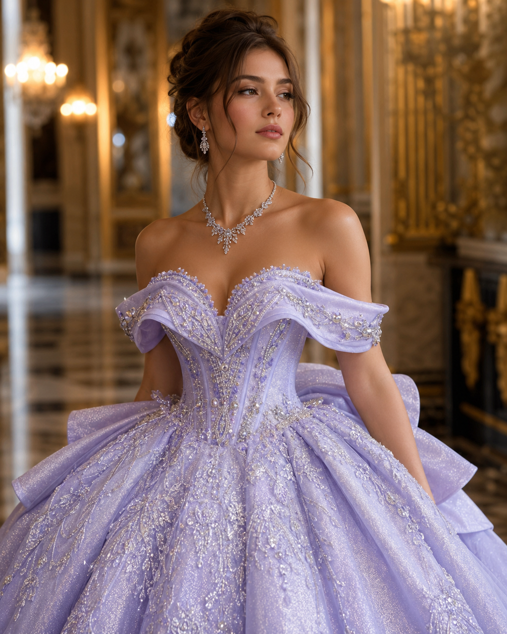 Lavender Purple Luxury Quinceañera Ball Gown with Beaded Corset & Bow Train