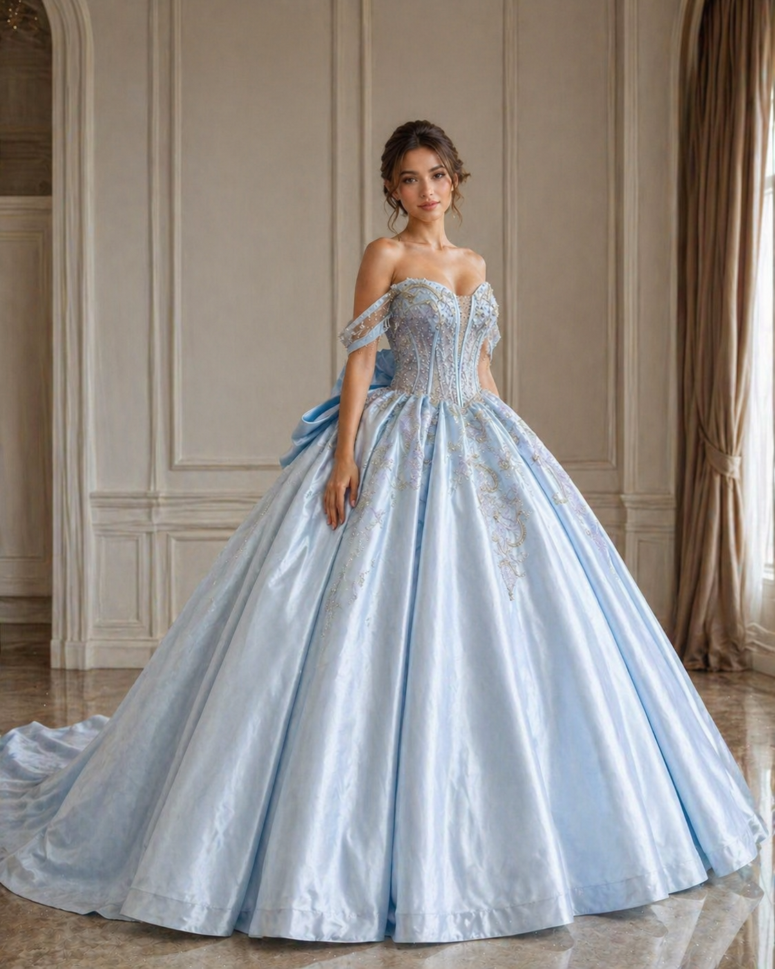 Light Blue Luxury Quinceañera Ball Gown with Beaded Corset & Long Train