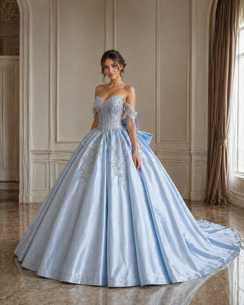 Light Blue Luxury Quinceañera Ball Gown with Beaded Corset & Long Train