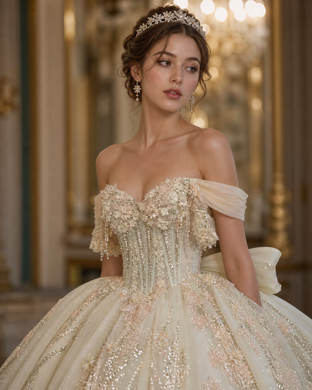 Ivory Champagne Luxury Quinceañera Ball Gown with 3D Floral Beading & Bow Train