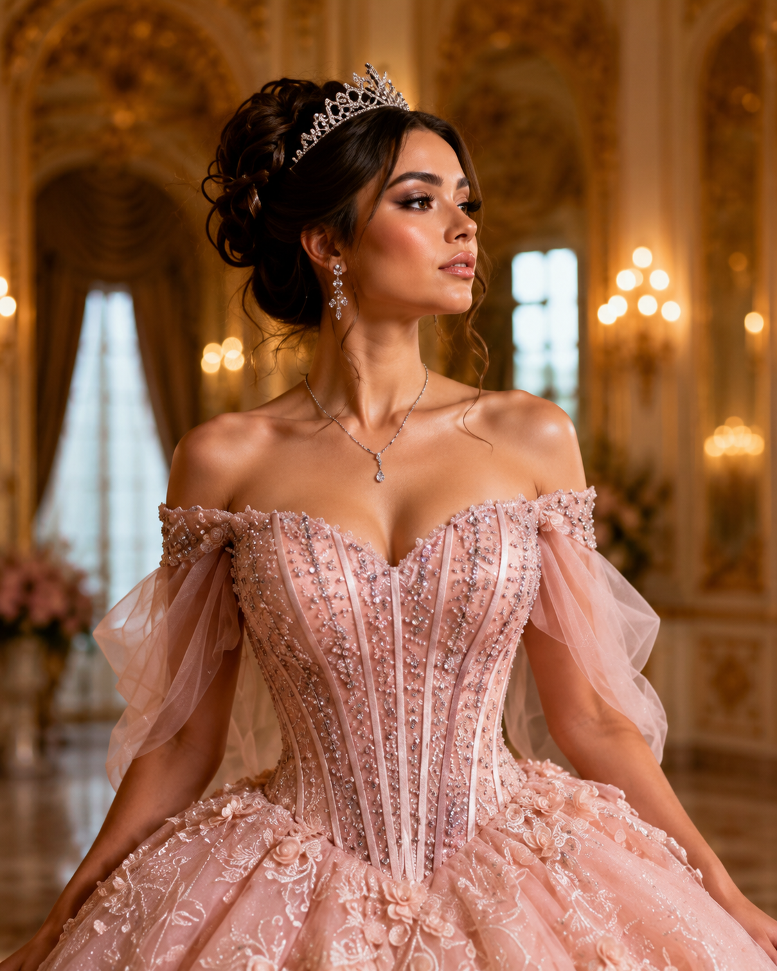 Blush Pink Luxury Quinceañera Ball Gown with Beaded Corset & Bow Train