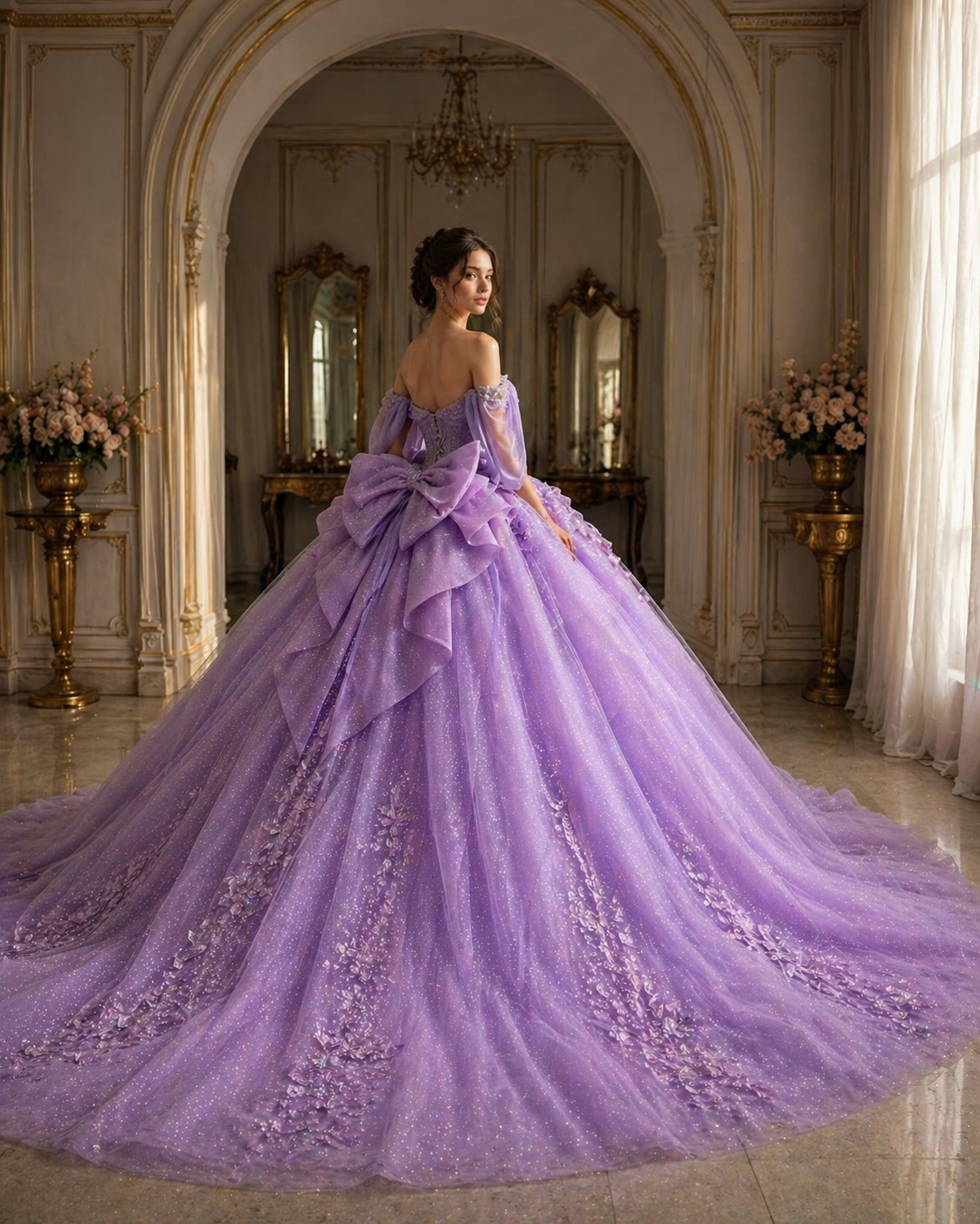 Lavender Luxury Quinceañera Ball Gown with Floral Appliqué & Long Train