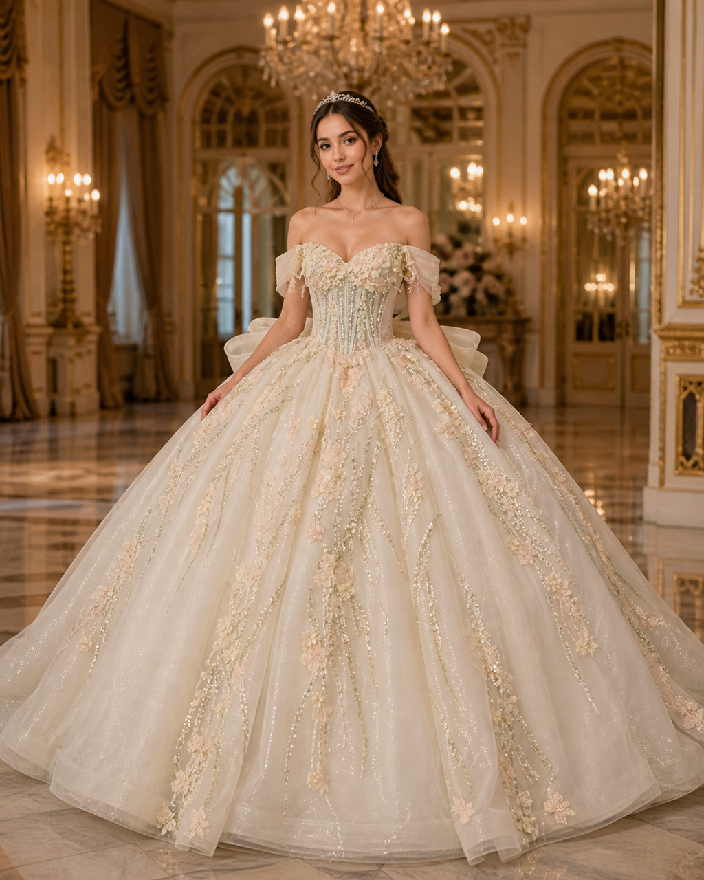 Ivory Champagne Luxury Quinceañera Ball Gown with 3D Floral Beading & Bow Train