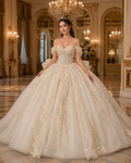 Ivory Champagne Luxury Quinceañera Ball Gown with 3D Floral Beading & Bow Train