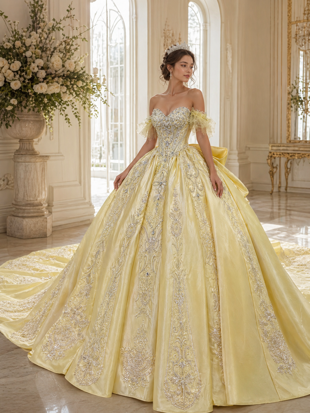 Soft Yellow Luxury Quinceañera Ball Gown with Crystal Beading & Long Train