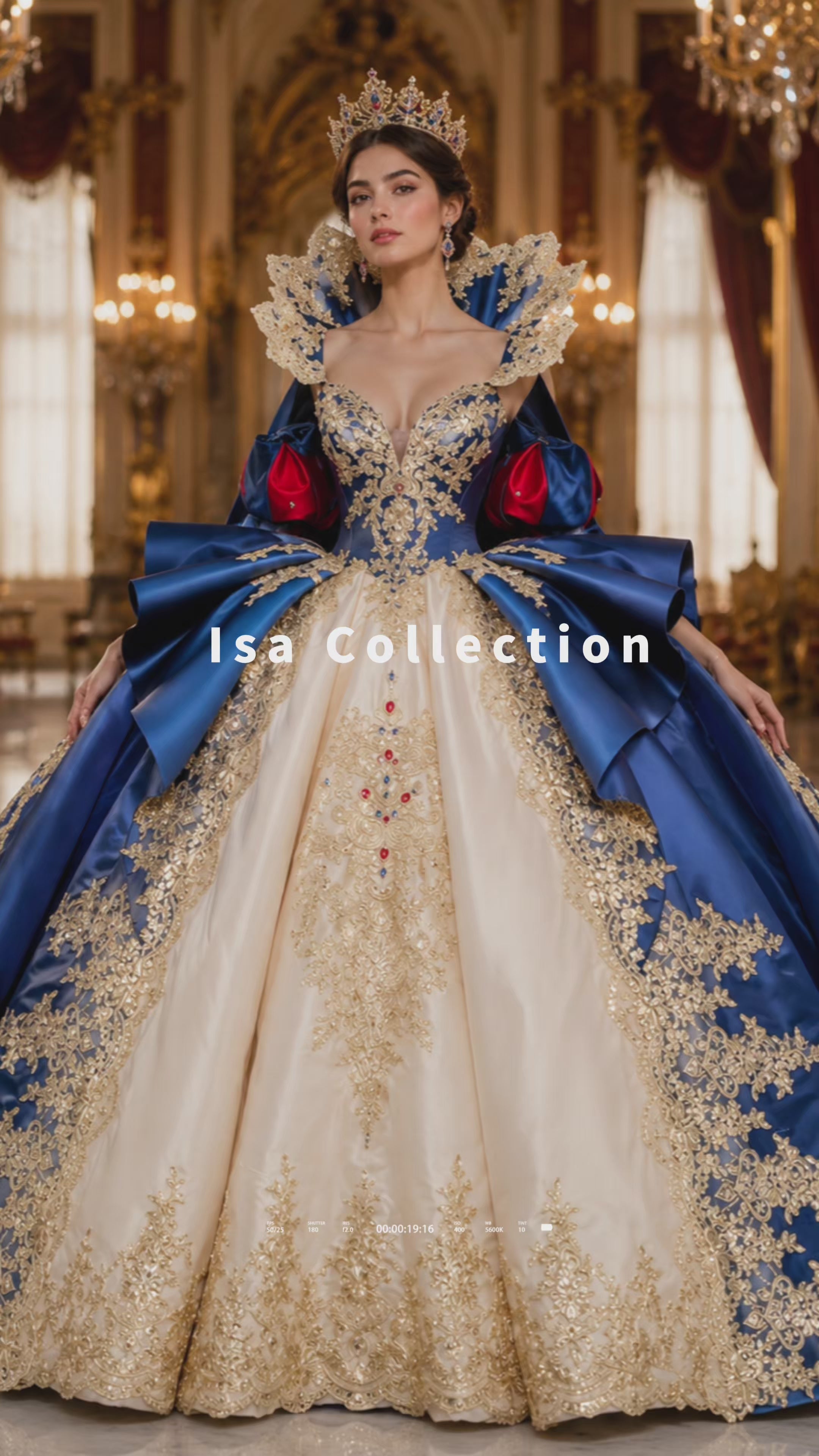 Royal Blue and Red Queen Quinceañera Ball Gown with Gold Lace Cape & Bow Back