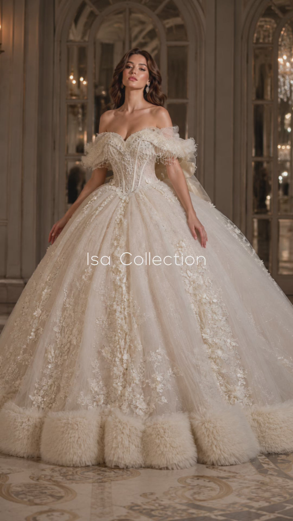 Ivory Champagne Quinceañera Ball Gown with Beaded Corset & Feather Hem