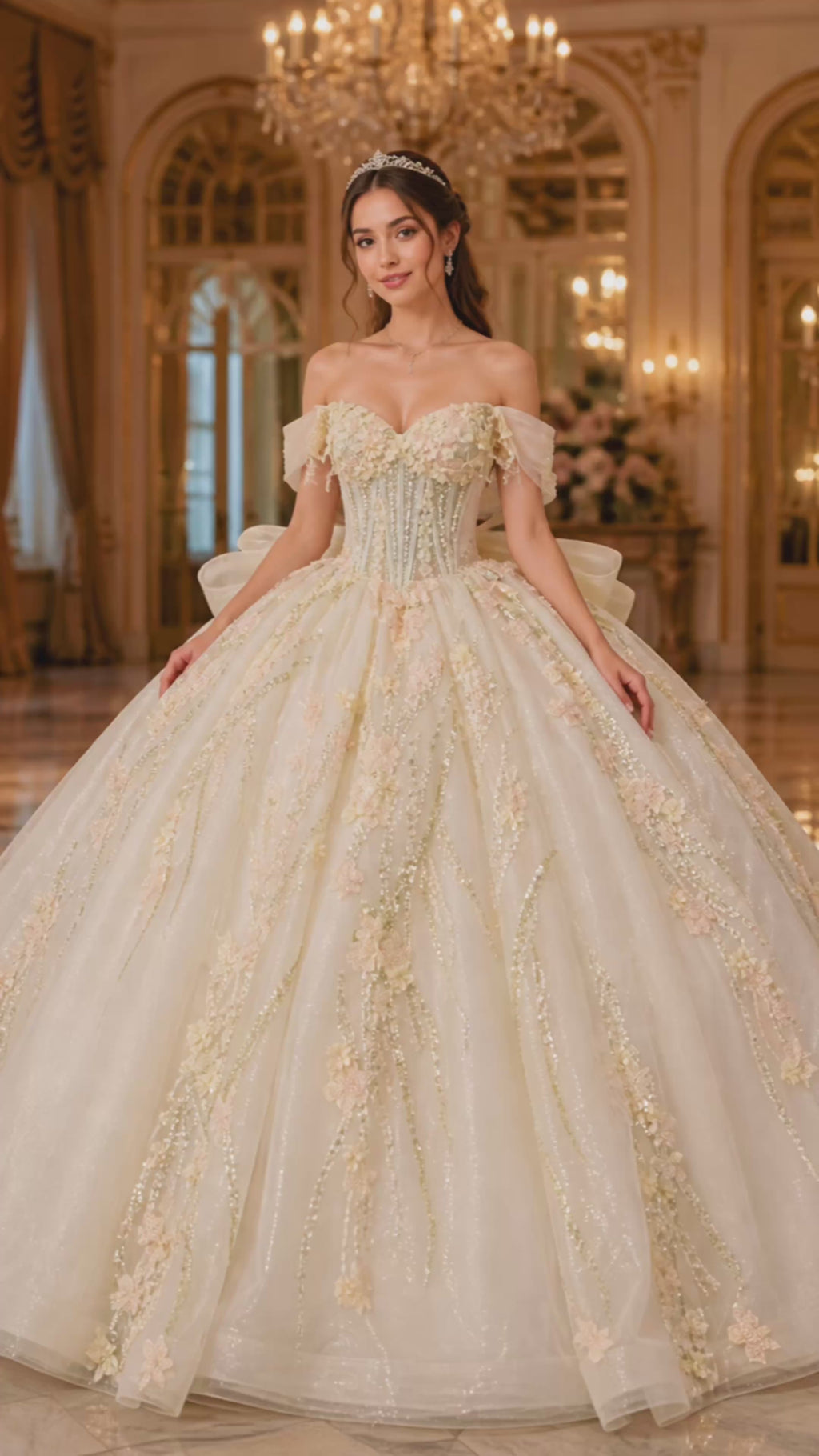 Ivory Champagne Luxury Quinceañera Ball Gown with 3D Floral Beading & Bow Train