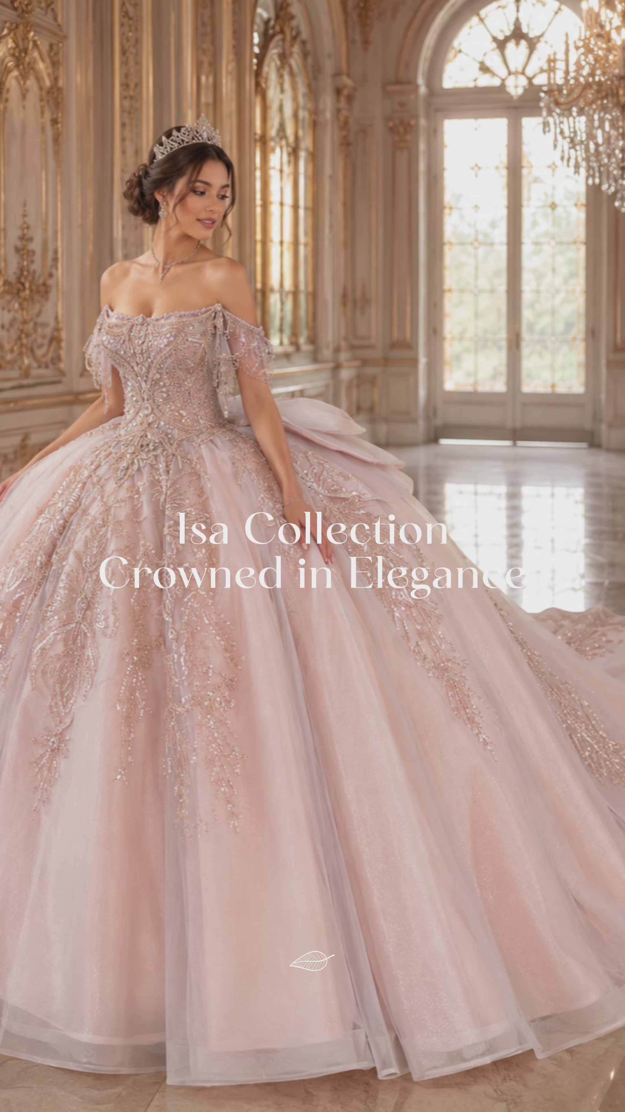 Blush Champagne Luxury Quinceañera Ball Gown with Beaded Corset & Long Train
