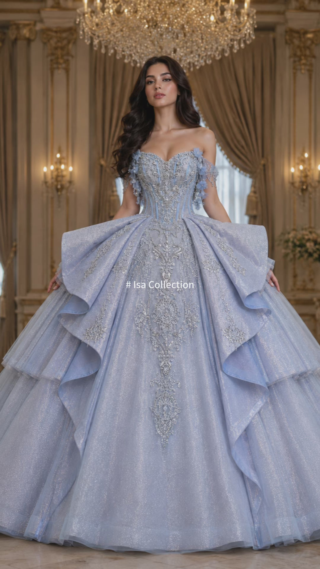 Ice Blue Luxury Quinceañera Ball Gown with Beaded Corset & Dramatic Layered Skirt