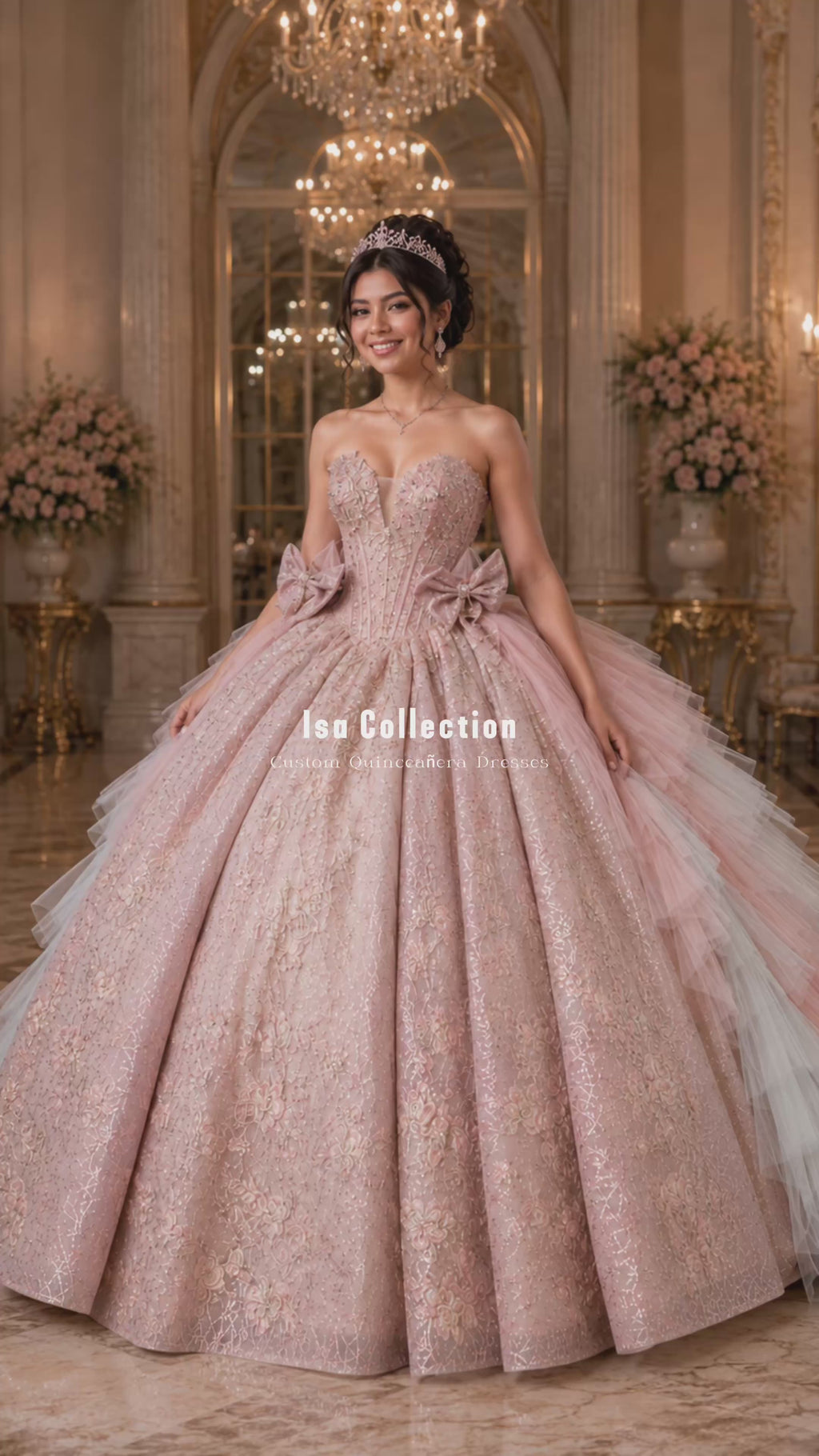 Blush Pink Luxury Quinceañera Ball Gown with Floral Beading & Ombre Ruffle Train