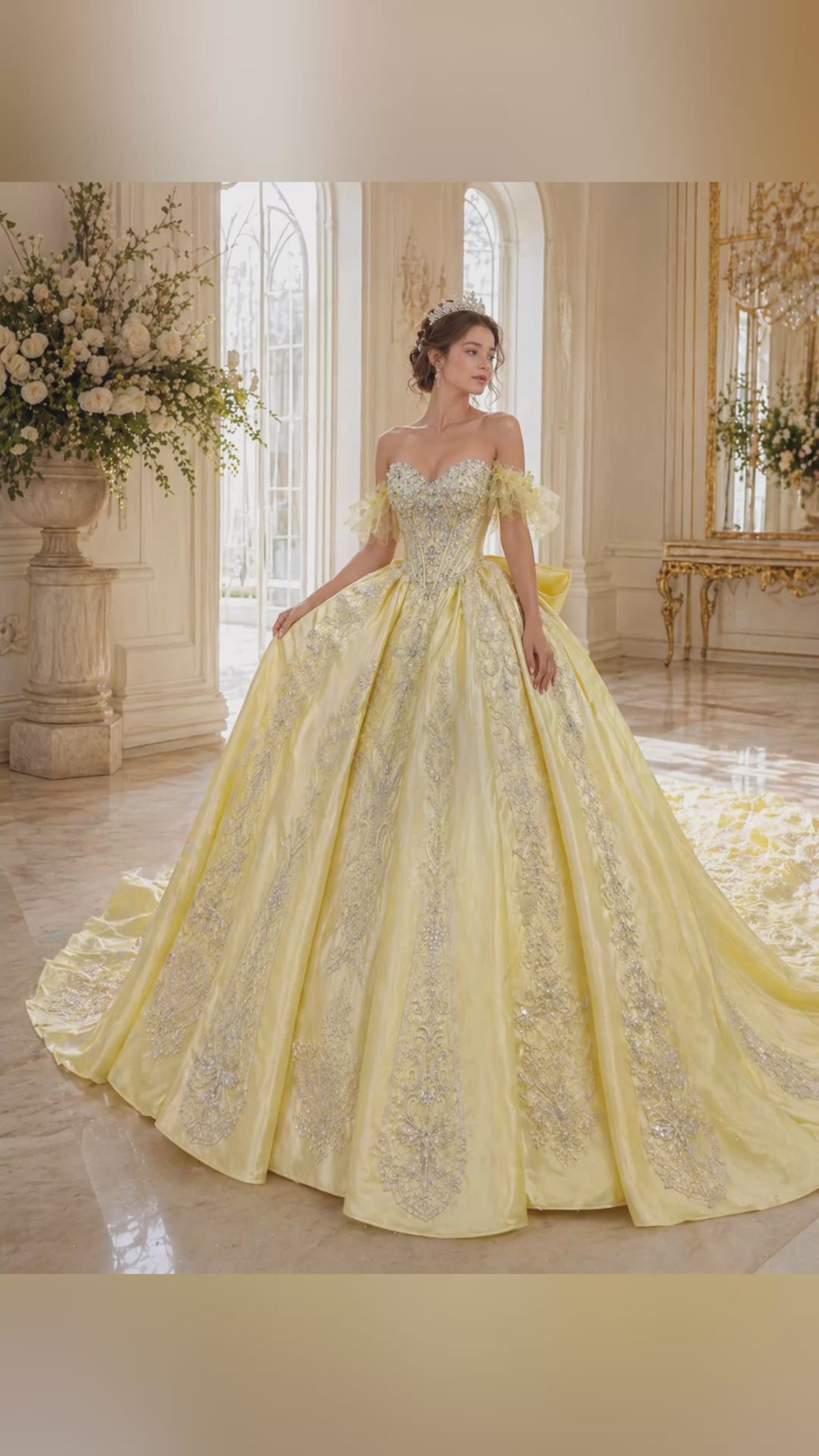 Soft Yellow Luxury Quinceañera Ball Gown with Crystal Beading & Long Train
