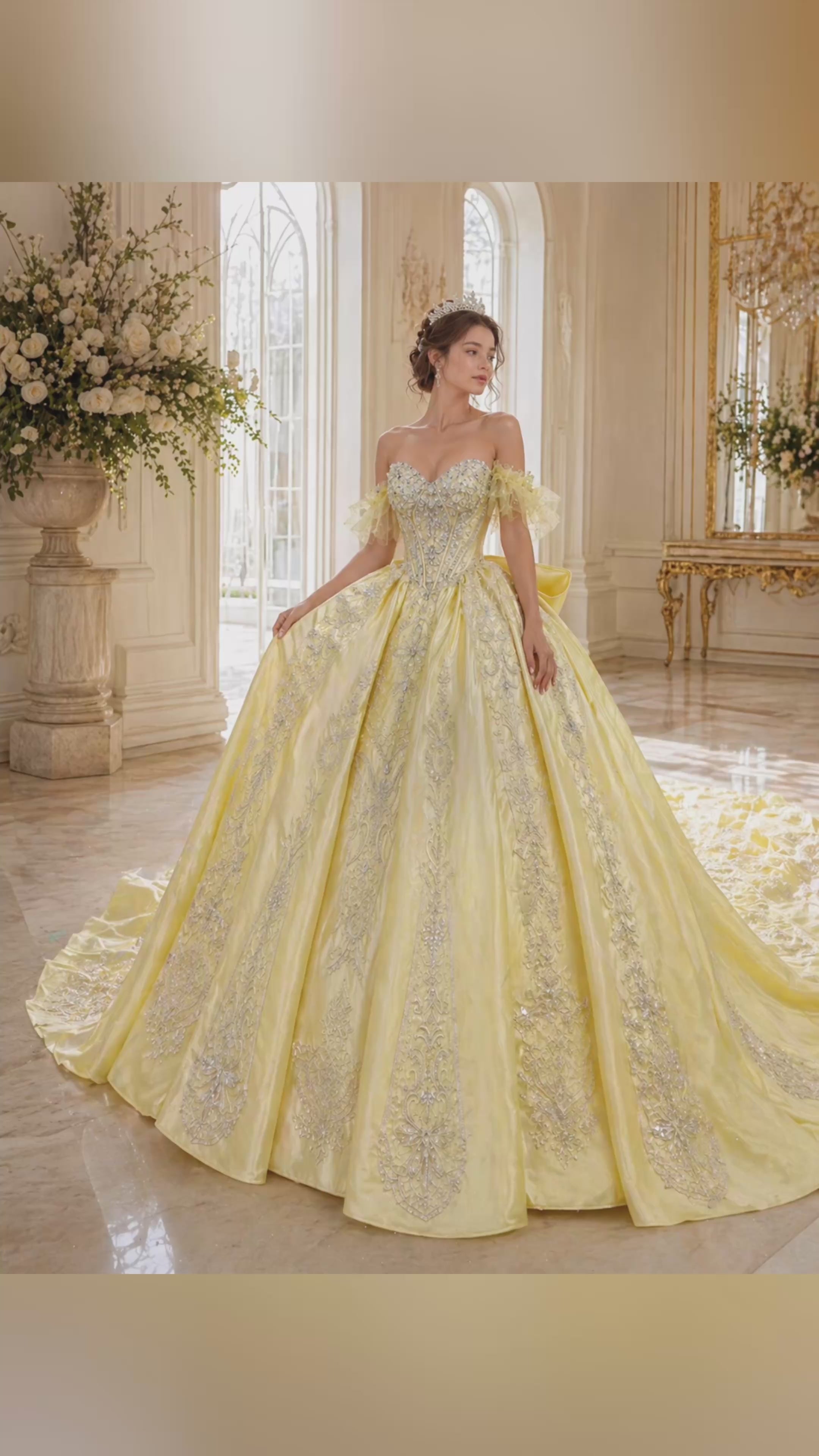 Soft Yellow Luxury Quinceañera Ball Gown with Crystal Beading & Long Train