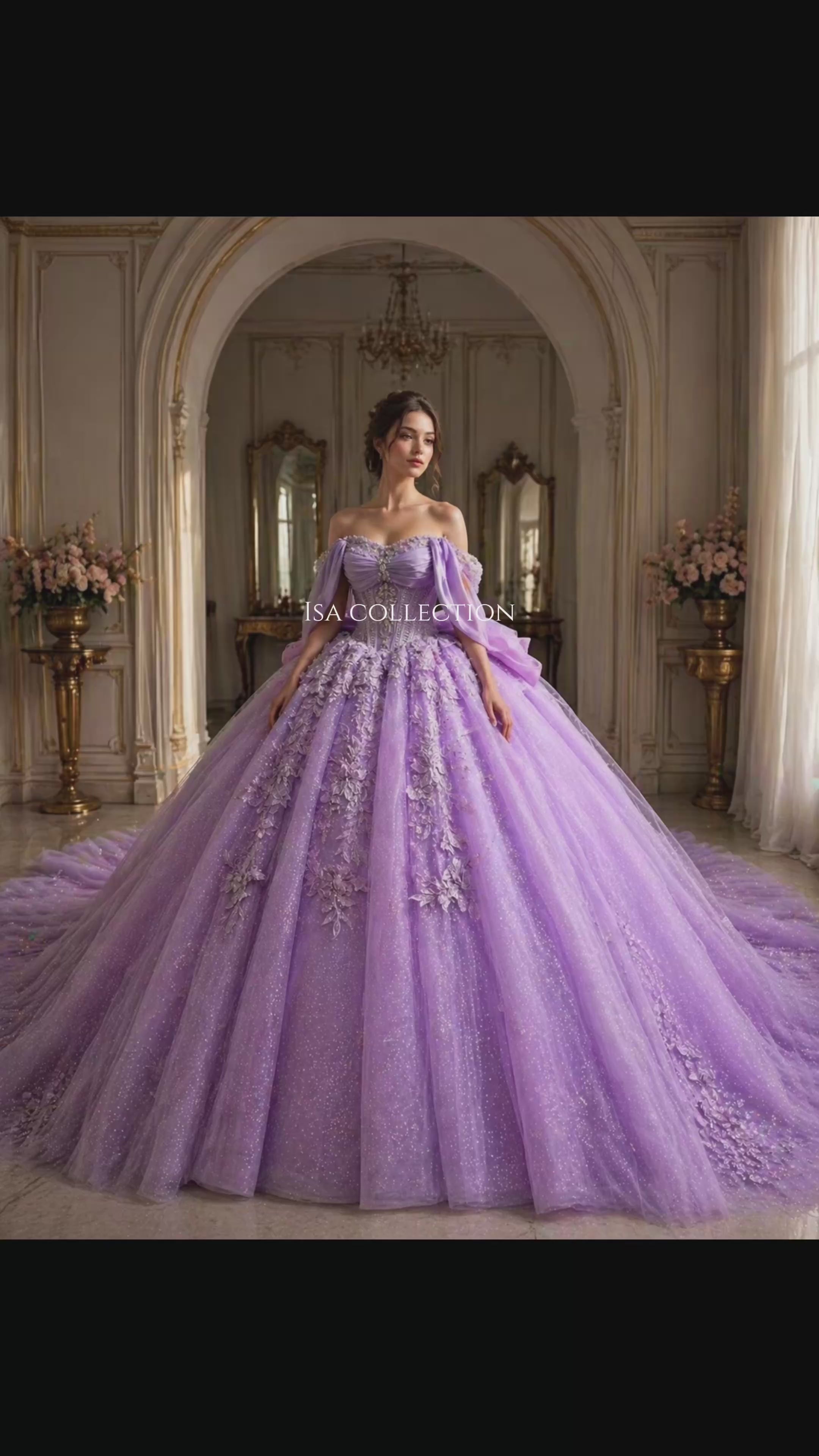Lavender Luxury Quinceañera Ball Gown with Floral Appliqué & Long Train