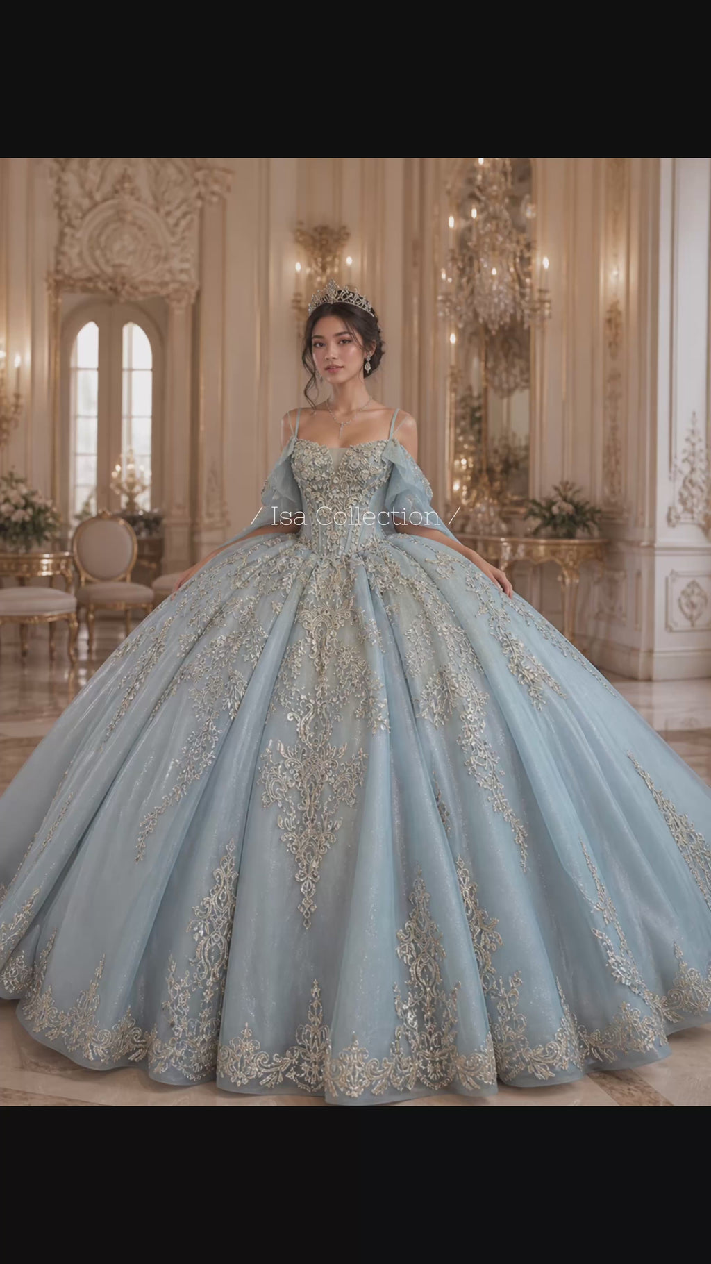 Dusty Blue Luxury Quinceañera Ball Gown with Gold Embroidery & Dramatic Bow Train