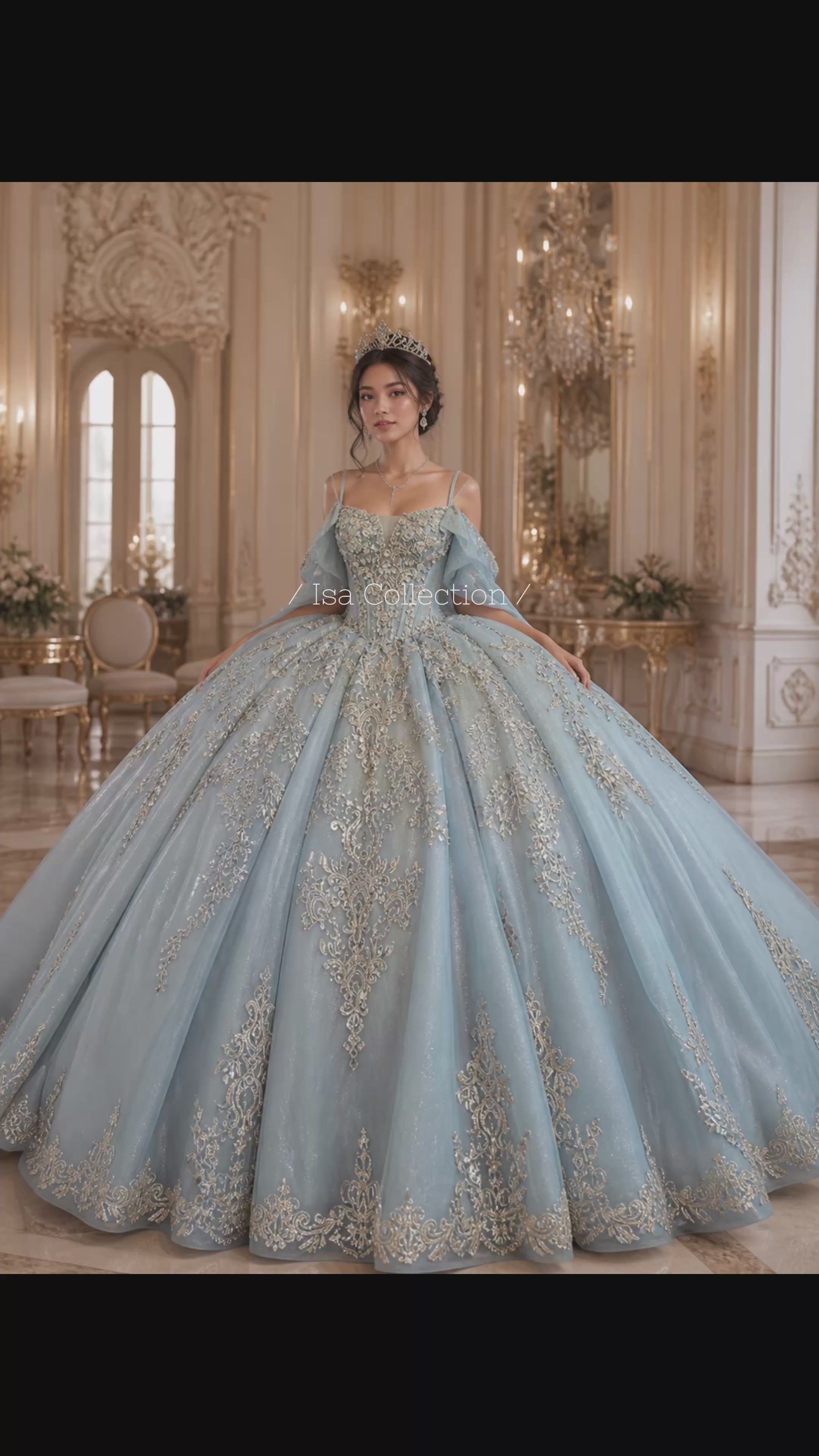 Dusty Blue Luxury Quinceañera Ball Gown with Gold Embroidery & Dramatic Bow Train