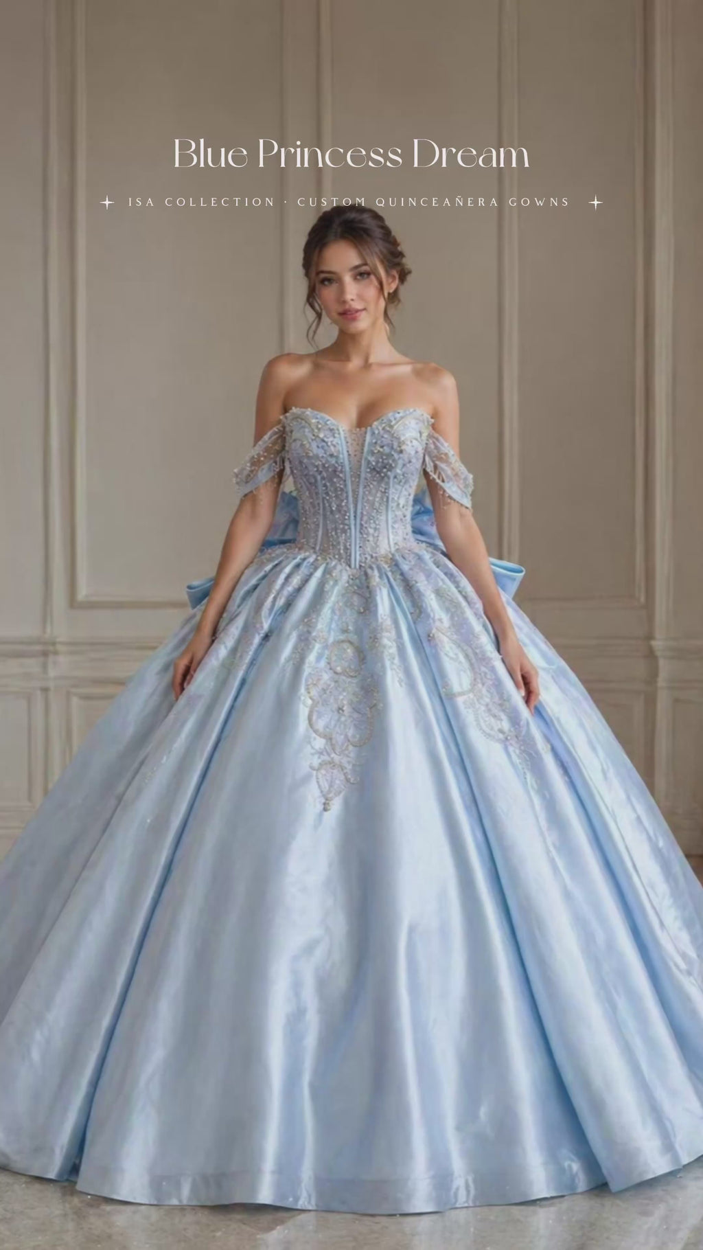 Light Blue Luxury Quinceañera Ball Gown with Beaded Corset & Long Train