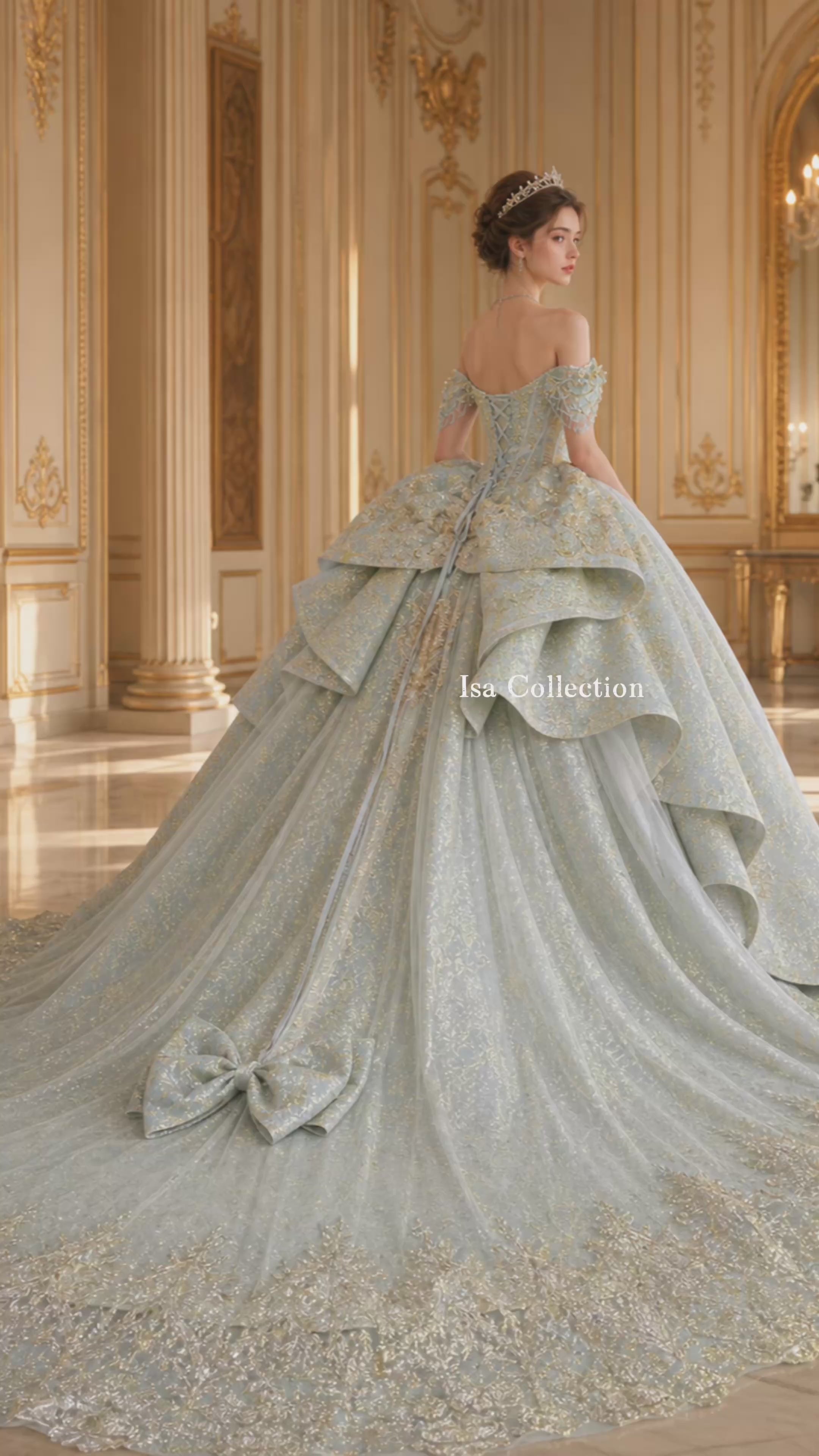 Dusty Blue Luxury Quinceañera Ball Gown with Gold Embroidery & Dramatic Bow Train