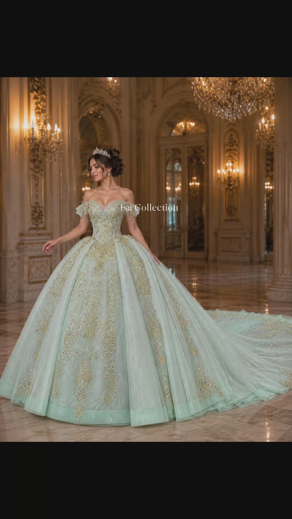 Pale Mint Luxury Quinceañera Ball Gown with Gold Embroidery & Dramatic Train