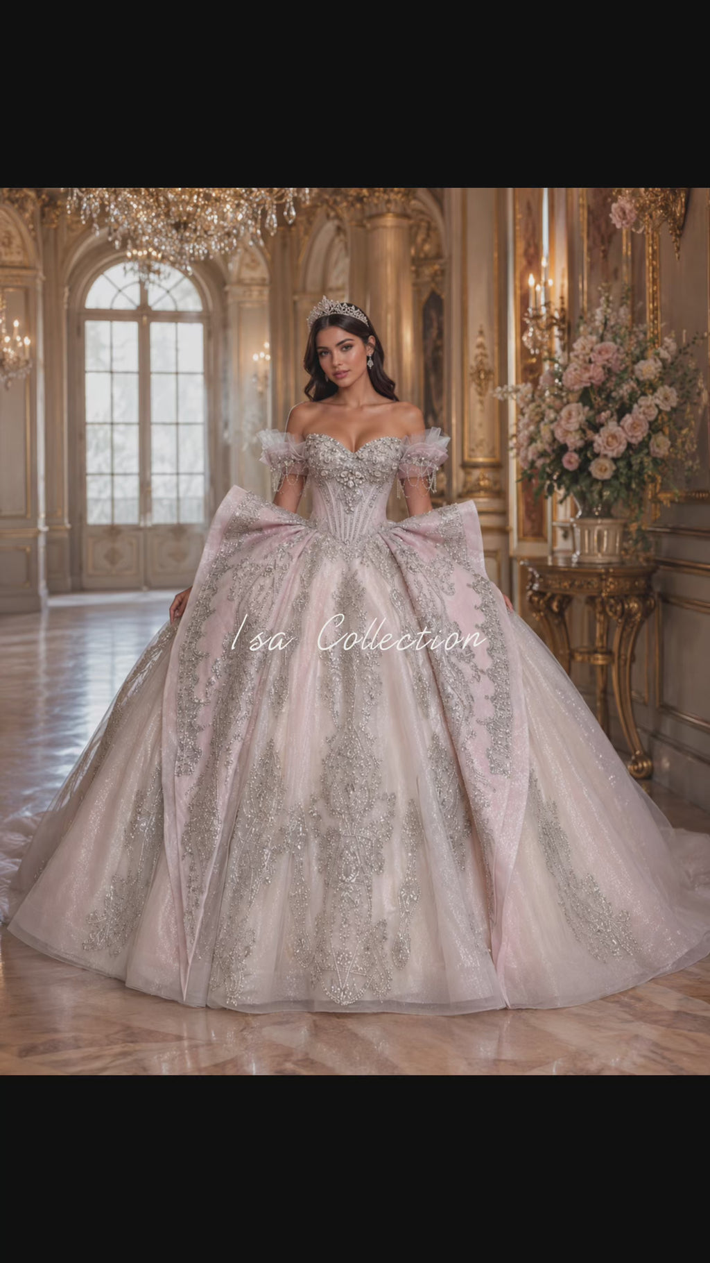 Blush Pink Luxury Quinceañera Ball Gown with Silver Embroidery & Bow Train