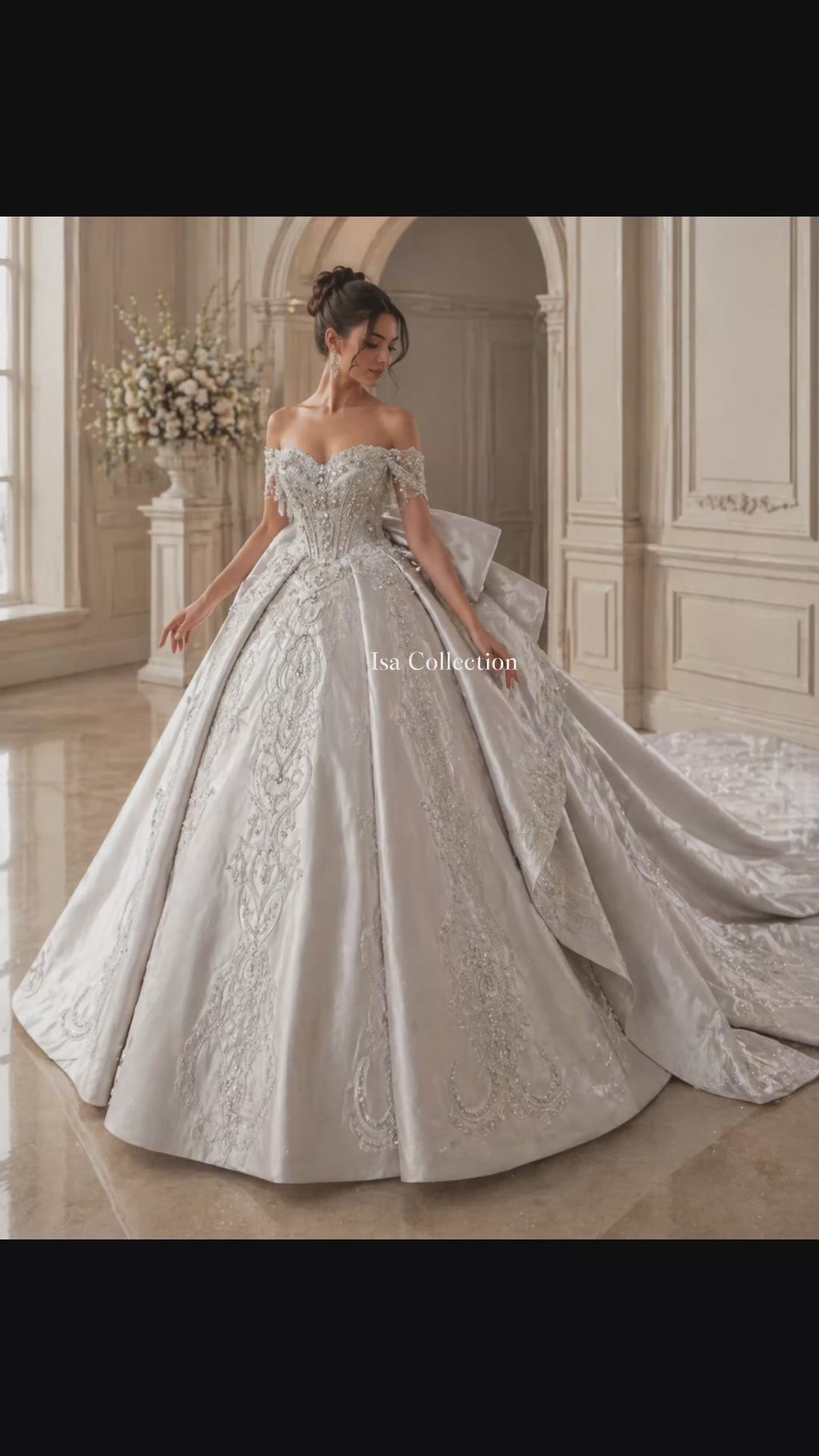 Silver Luxury Quinceañera Ball Gown with Beaded Corset & Long Train