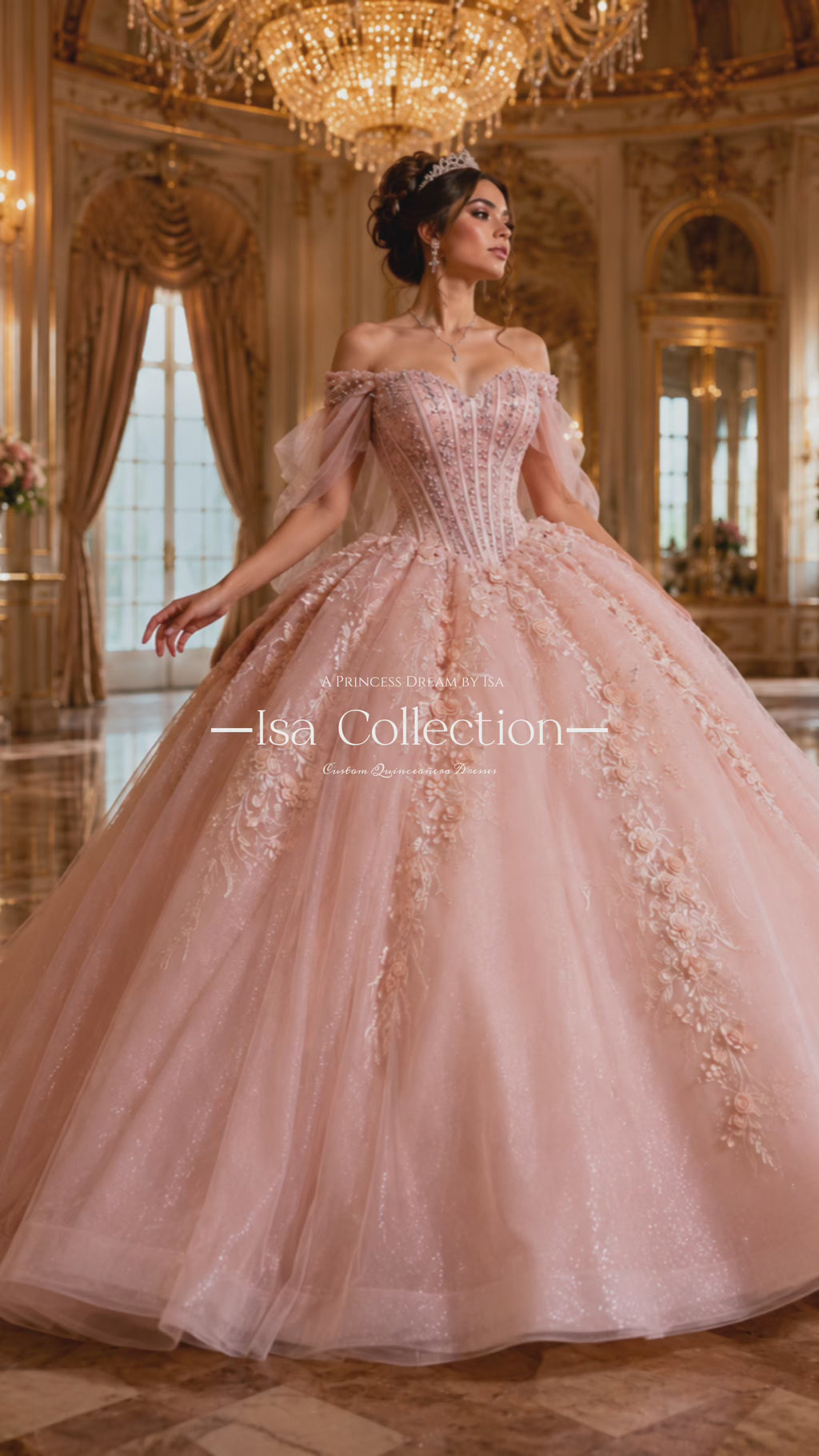 Blush Pink Luxury Quinceañera Ball Gown with Beaded Corset & Bow Train