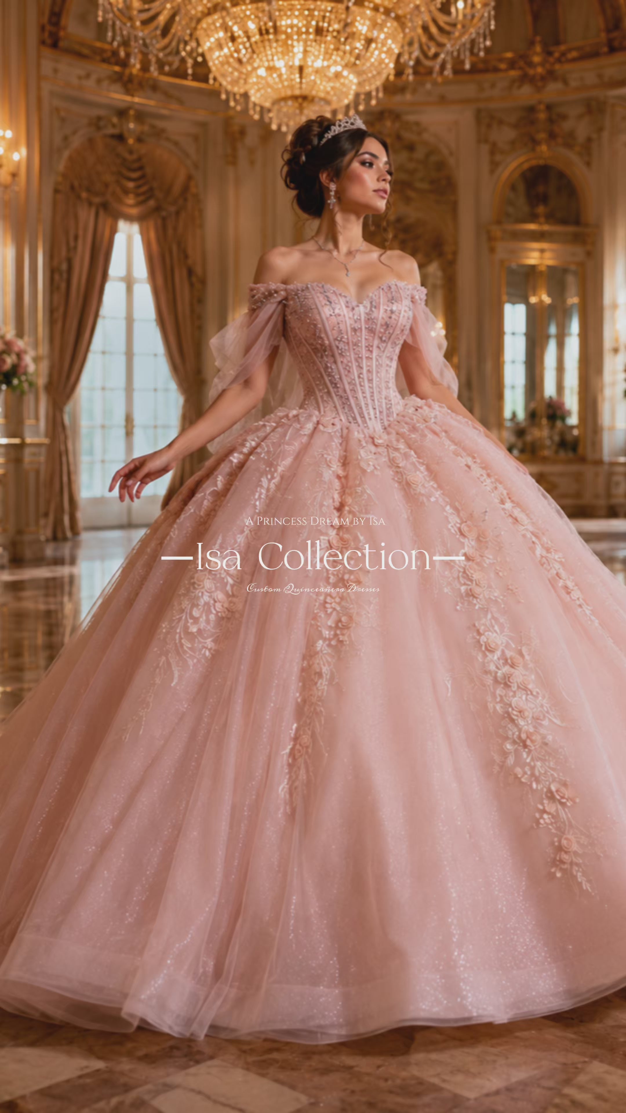 Blush Pink Luxury Quinceañera Ball Gown with Beaded Corset & Bow Train
