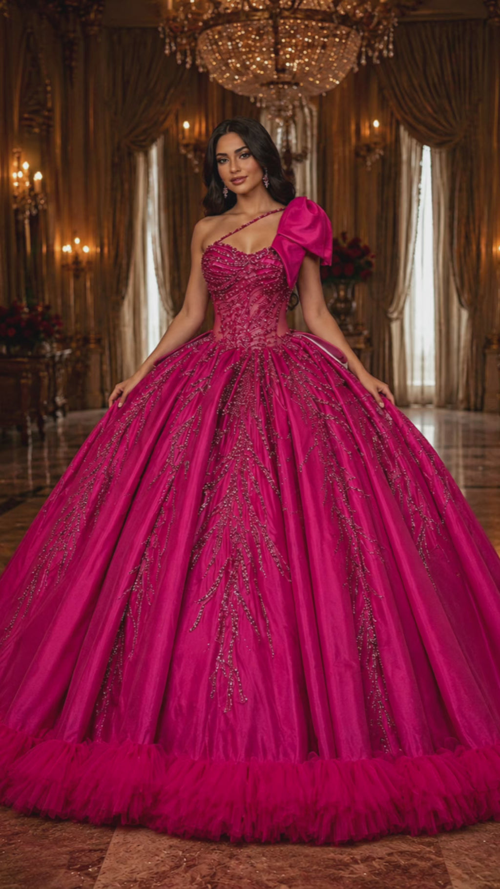 Fuchsia Quinceañera Ball Gown with Beaded Corset, One-Shoulder Bow & Ruffle Train